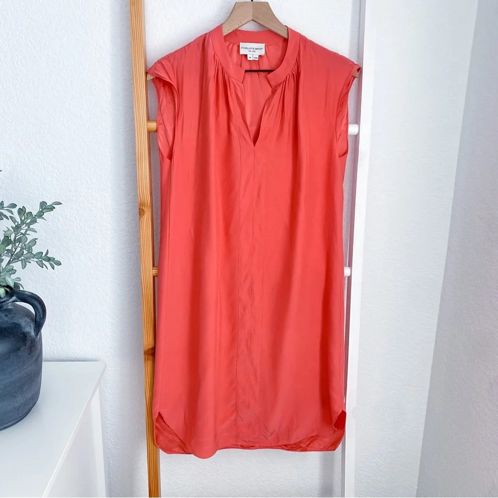 Charlotte Brody Shirt Dress Coral Orange Tie Tassel Waist V-Neck Sleeveless Silk